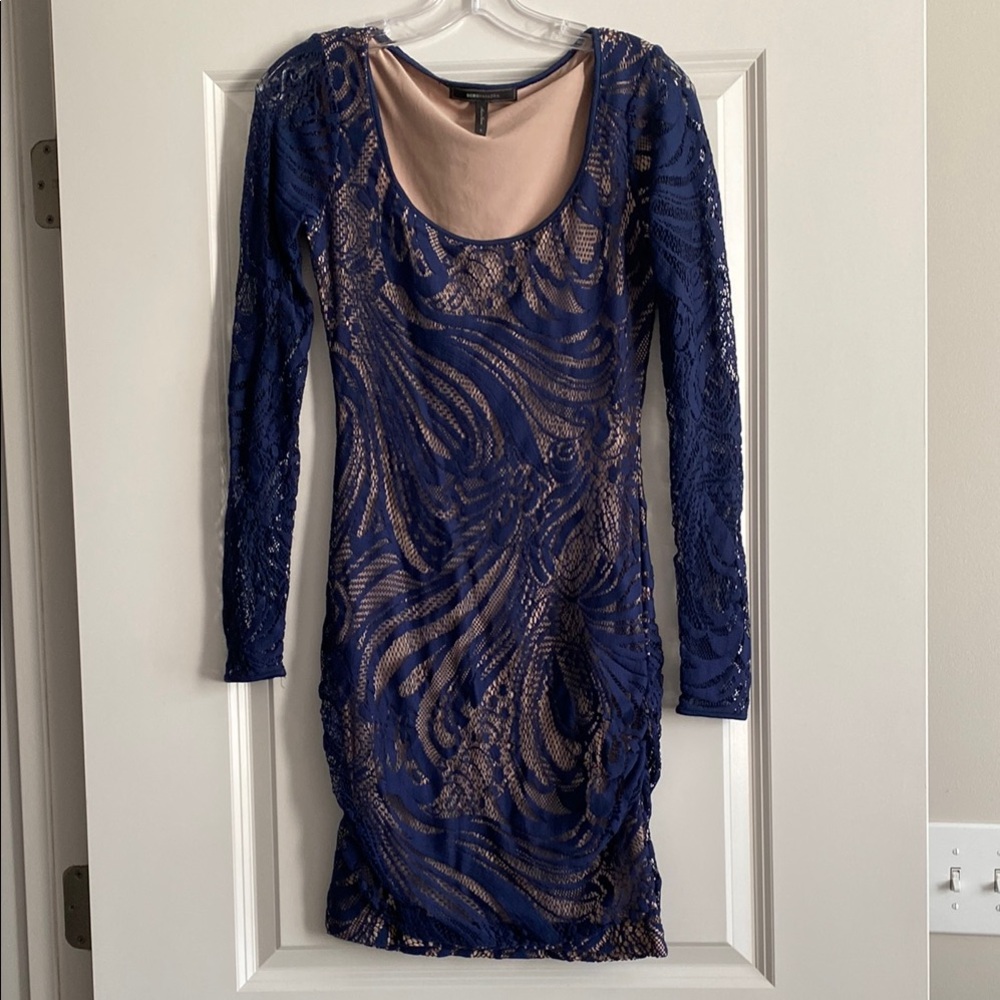 BCBGMaxAzria Blue and Tan Long Sleeve Bodycon Dress